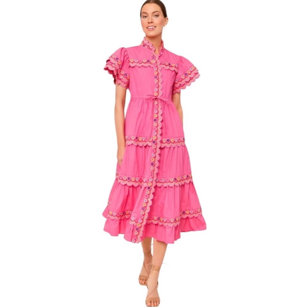 CeliaB XS Alvis Embroidered Scalloped Midi Dress Fuschia Pink NWT